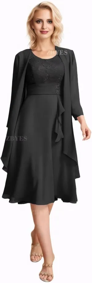 2 Piece Mother of The Bride Dresses for Wedding Chiffon Lace Applique 3/4 Sleeve Formal Evening Gowns with Jacket