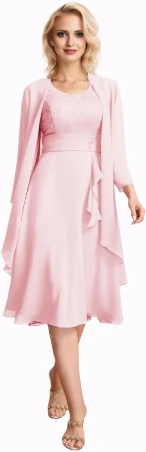 2 Piece Mother of The Bride Dresses for Wedding Chiffon Lace Applique 3/4 Sleeve Formal Evening Gowns with Jacket