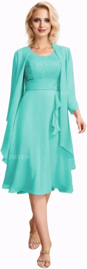 2 Piece Mother of The Bride Dresses for Wedding Chiffon Lace Applique 3/4 Sleeve Formal Evening Gowns with Jacket