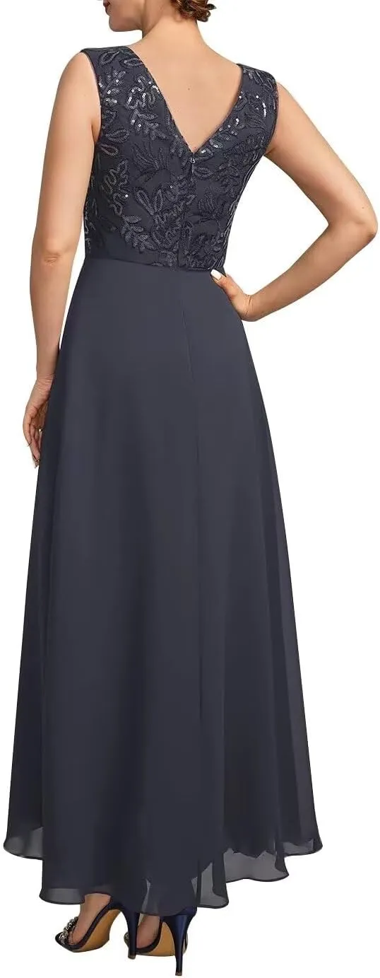 2 Piece Mother of The Bride Dresses for Wedding Long Sleeve Chiffon Wedding Guest Formal Party Gown with Jackets