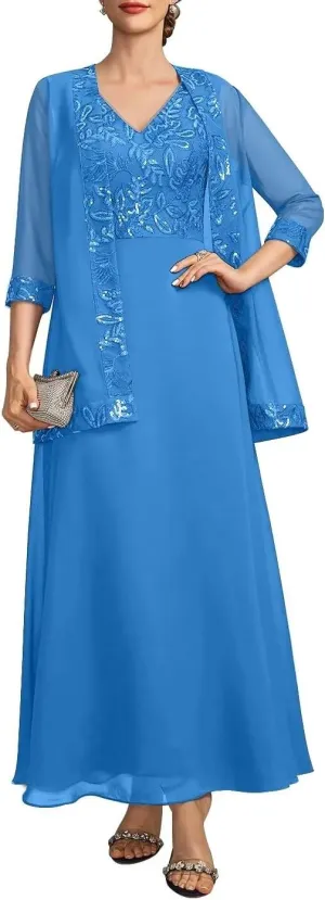 2 Piece Mother of The Bride Dresses for Wedding Long Sleeve Chiffon Wedding Guest Formal Party Gown with Jackets