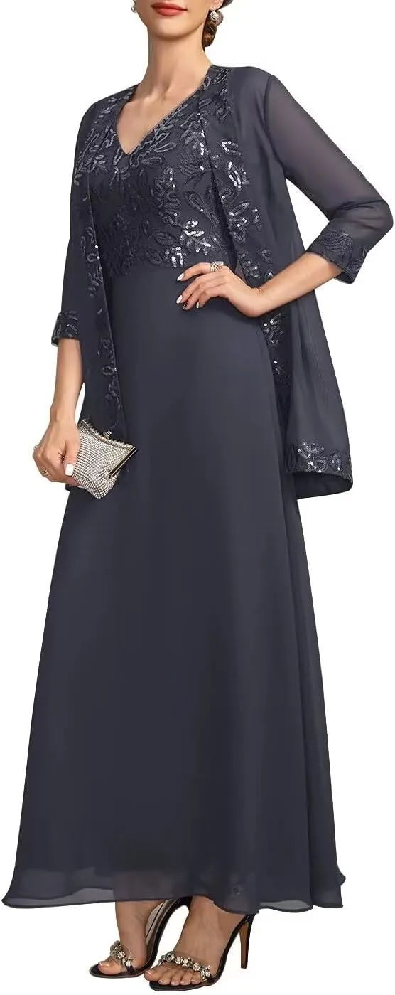 2 Piece Mother of The Bride Dresses for Wedding Long Sleeve Chiffon Wedding Guest Formal Party Gown with Jackets