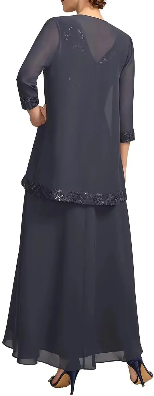 2 Piece Mother of The Bride Dresses for Wedding Long Sleeve Chiffon Wedding Guest Formal Party Gown with Jackets
