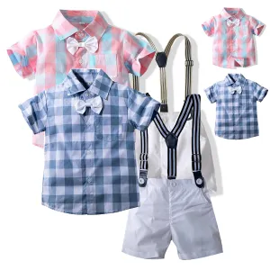 2 Pieces Set Baby Boys Birthday Party Checked Bow Shirts And Solid Color Rompers Wholesale 23030877