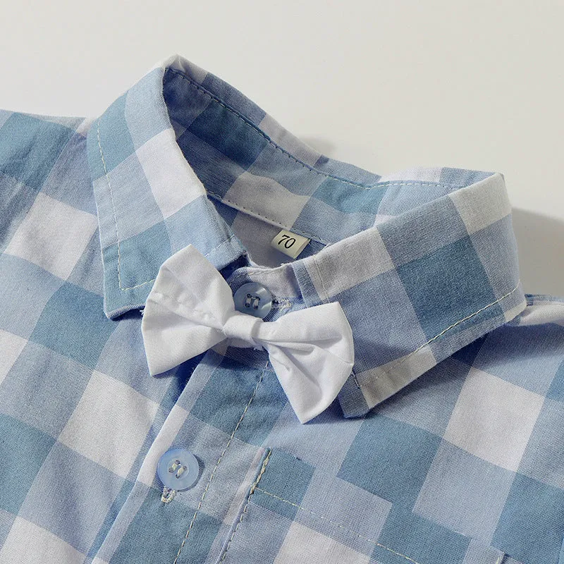 2 Pieces Set Baby Boys Birthday Party Checked Bow Shirts And Solid Color Rompers Wholesale 23030877