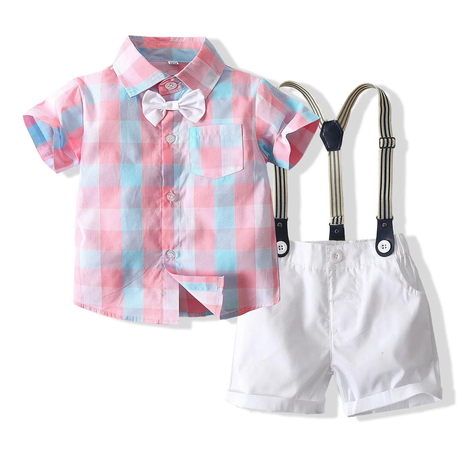2 Pieces Set Baby Boys Birthday Party Checked Bow Shirts And Solid Color Rompers Wholesale 23030877