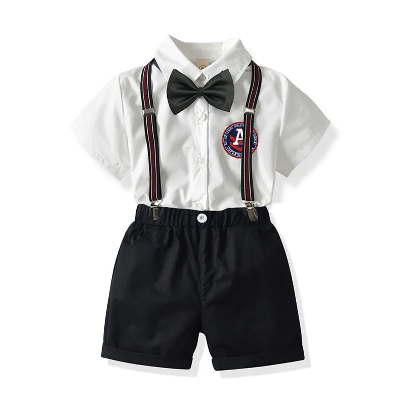 2 Pieces Set Baby Kid Boys Birthday Party Bow Embroidered Shirts And Solid Color Rompers Wholesale 211109162