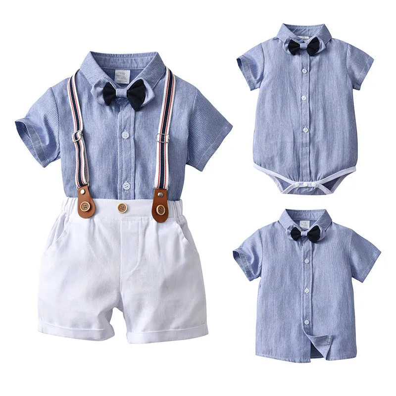 2 Pieces Set Baby Kid Boys Birthday Party Solid Color Bow Shirts And Rompers Wholesale 22092057