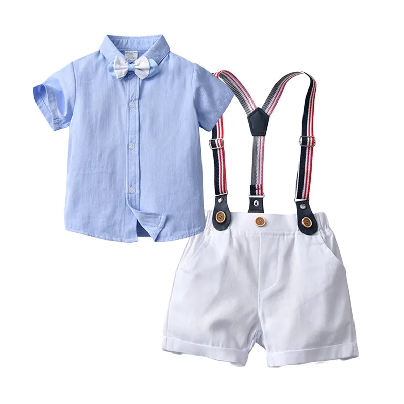 2 Pieces Set Baby Kid Boys Birthday Party Solid Color Bow Shirts And Rompers Wholesale 22092057