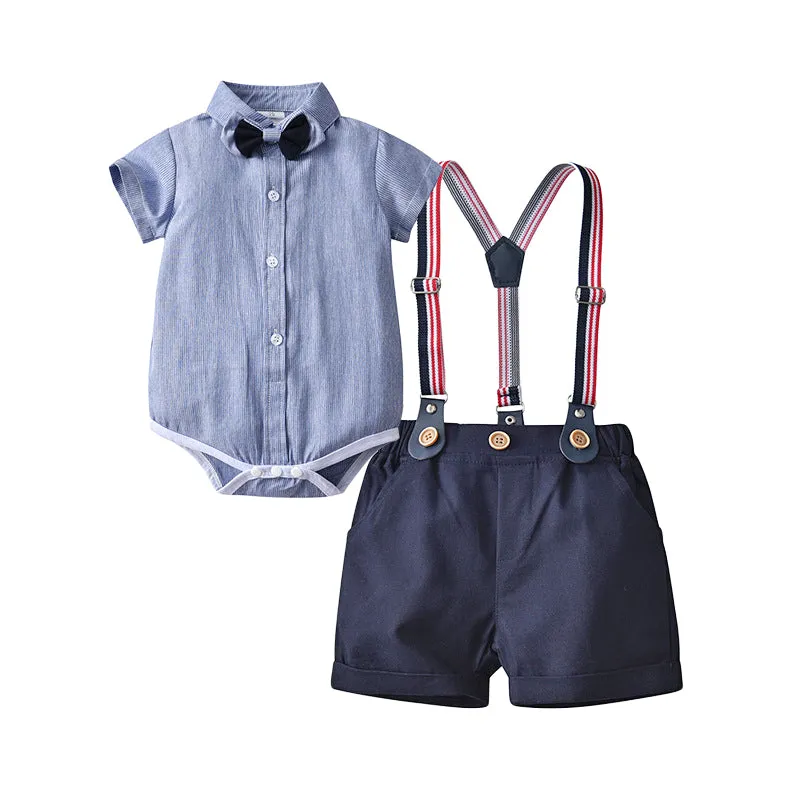 2 Pieces Set Baby Kid Boys Birthday Party Solid Color Bow Shirts And Rompers Wholesale 22092057