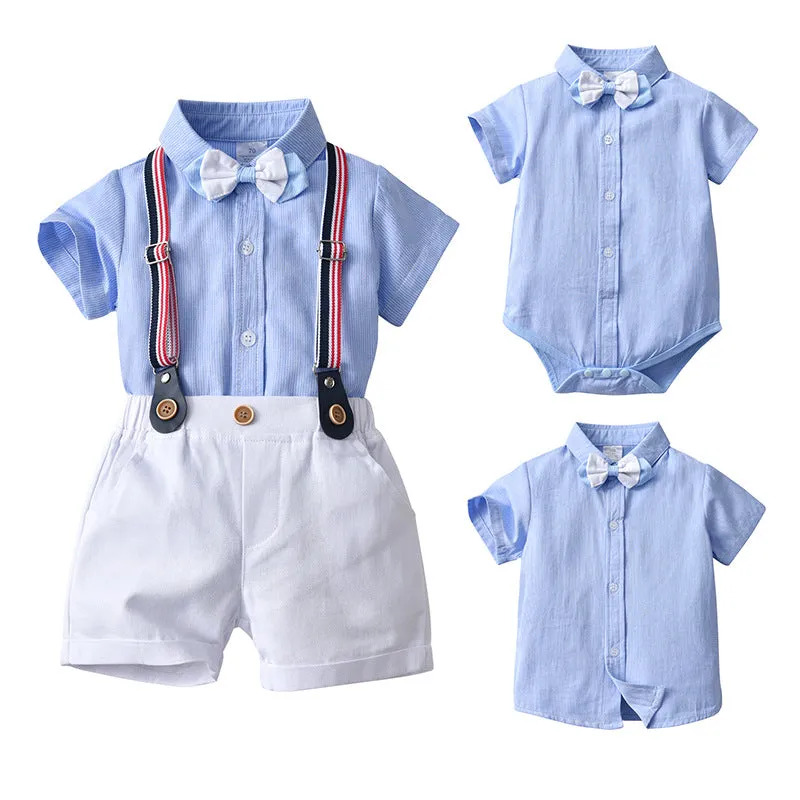 2 Pieces Set Baby Kid Boys Birthday Party Solid Color Bow Shirts And Rompers Wholesale 22092057