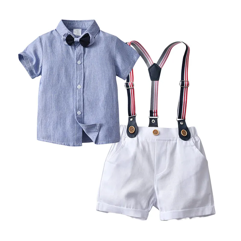 2 Pieces Set Baby Kid Boys Birthday Party Solid Color Bow Shirts And Rompers Wholesale 22092057