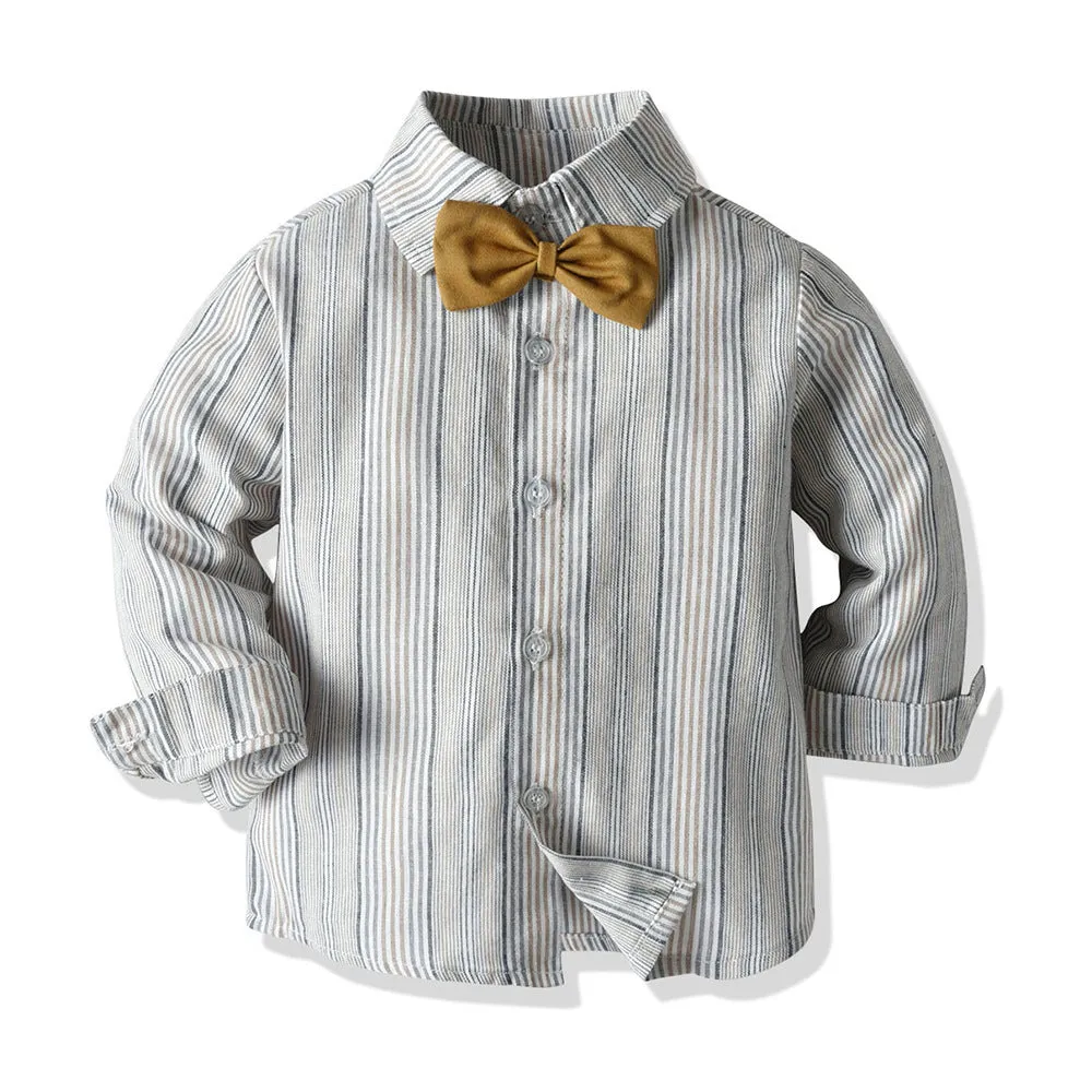 2 Pieces Set Baby Kid Boys Birthday Striped Bow Shirts And Solid Color Jumpsuits Wholesale 22121444