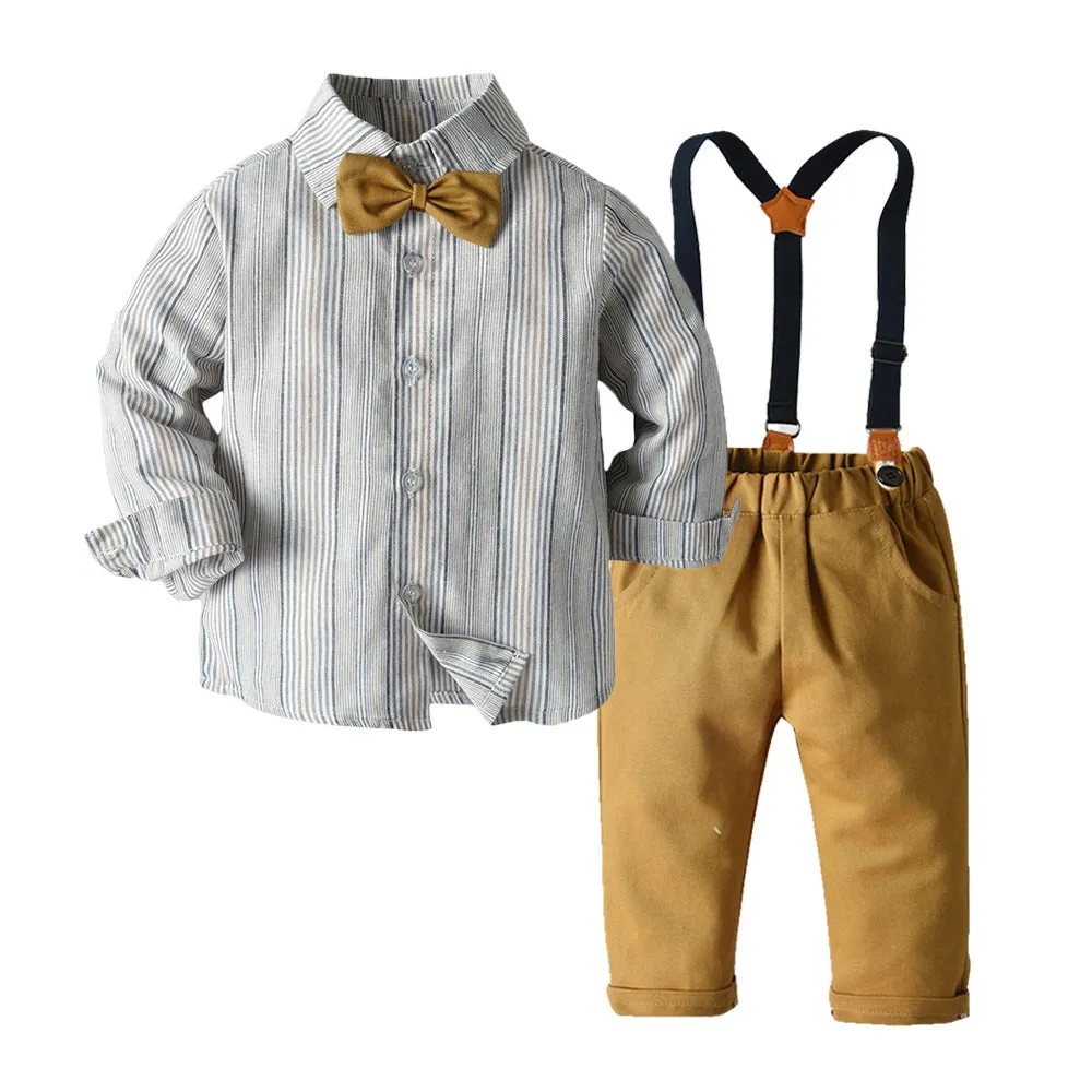 2 Pieces Set Baby Kid Boys Birthday Striped Bow Shirts And Solid Color Jumpsuits Wholesale 22121444