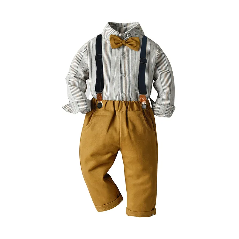 2 Pieces Set Baby Kid Boys Birthday Striped Bow Shirts And Solid Color Jumpsuits Wholesale 22121444