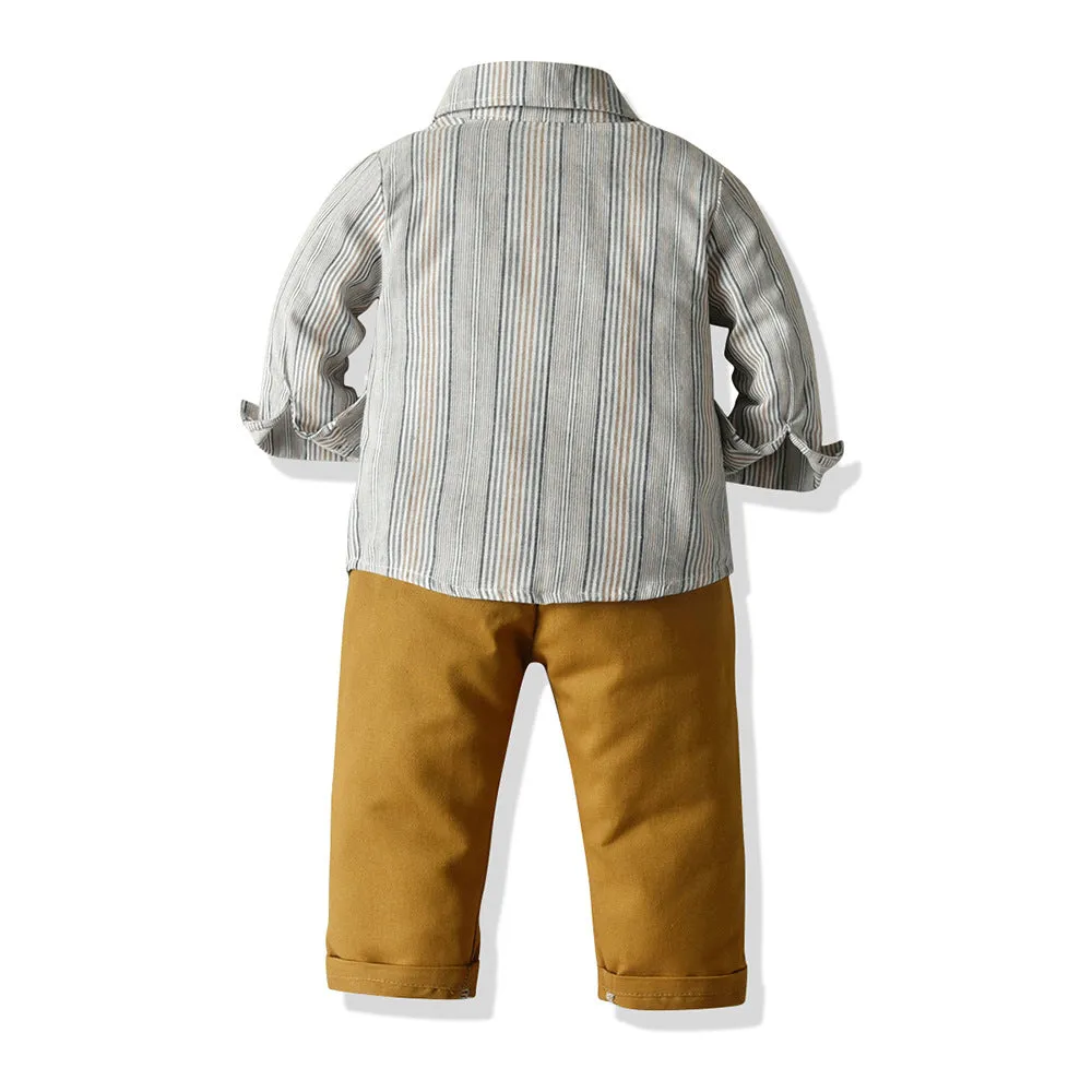 2 Pieces Set Baby Kid Boys Birthday Striped Bow Shirts And Solid Color Jumpsuits Wholesale 22121444