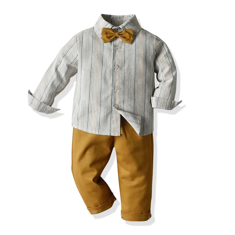 2 Pieces Set Baby Kid Boys Birthday Striped Bow Shirts And Solid Color Jumpsuits Wholesale 22121444