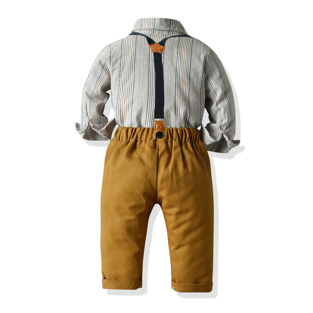 2 Pieces Set Baby Kid Boys Birthday Striped Bow Shirts And Solid Color Jumpsuits Wholesale 22121444