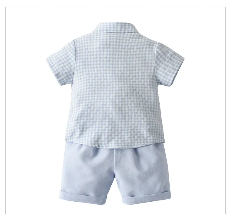 2 Pieces Set Baby Kid Boys Dressy Checked Bow Shirts And Solid Color Shorts Suits Wholesale 22121478