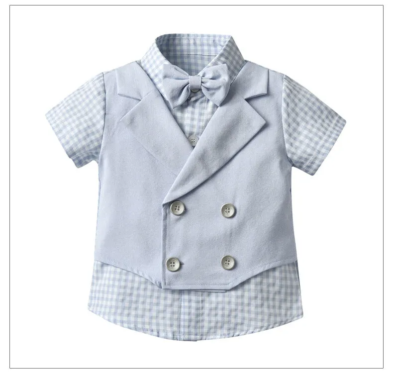 2 Pieces Set Baby Kid Boys Dressy Checked Bow Shirts And Solid Color Shorts Suits Wholesale 22121478