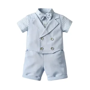 2 Pieces Set Baby Kid Boys Dressy Checked Bow Shirts And Solid Color Shorts Suits Wholesale 22121478