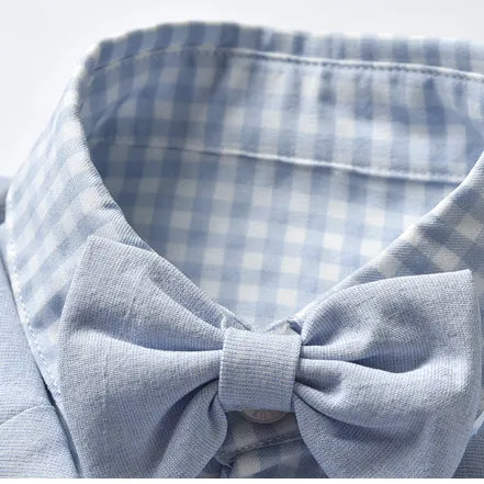 2 Pieces Set Baby Kid Boys Dressy Checked Bow Shirts And Solid Color Shorts Suits Wholesale 22121478