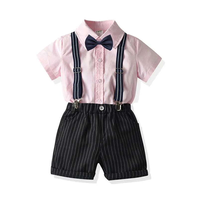 2 Pieces Set Baby Kid Boys Dressy Solid Color Bow Shirts And Striped Rompers Wholesale 211109130
