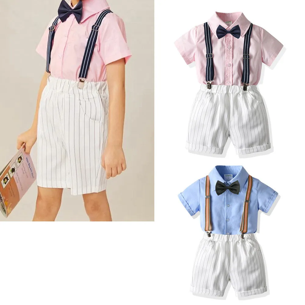 2 Pieces Set Baby Kid Boys Dressy Solid Color Bow Shirts And Striped Rompers Wholesale 211109130