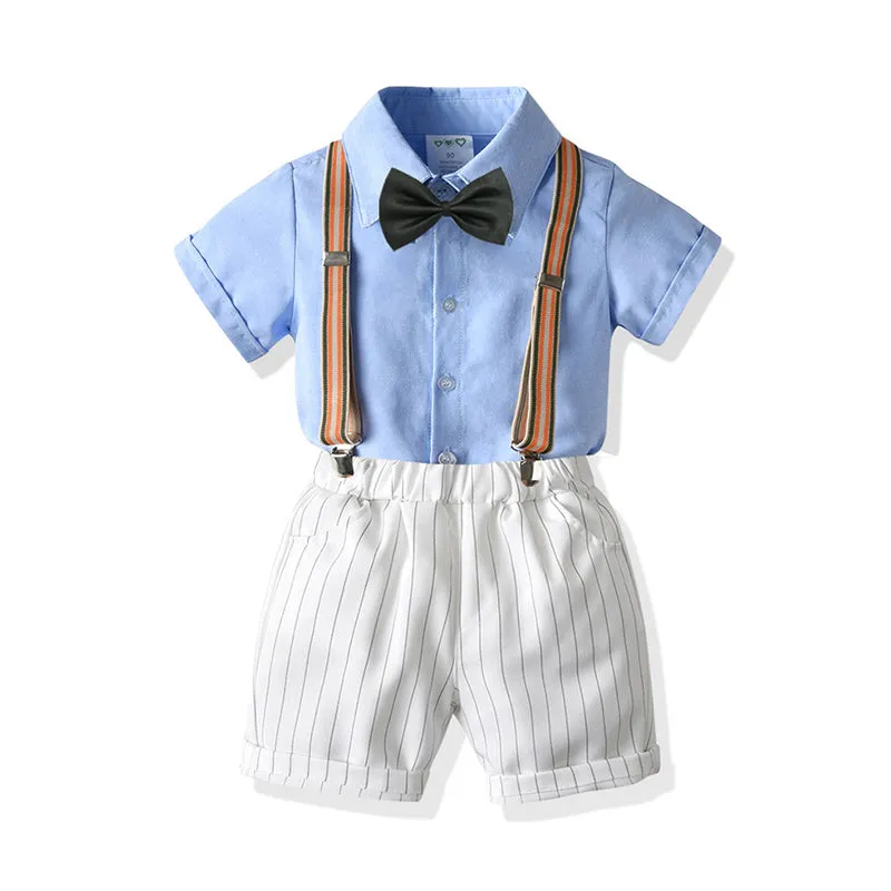 2 Pieces Set Baby Kid Boys Dressy Solid Color Bow Shirts And Striped Rompers Wholesale 211109130