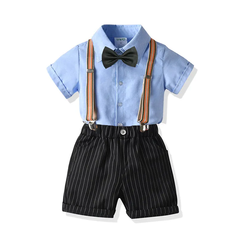 2 Pieces Set Baby Kid Boys Dressy Solid Color Bow Shirts And Striped Rompers Wholesale 211109130