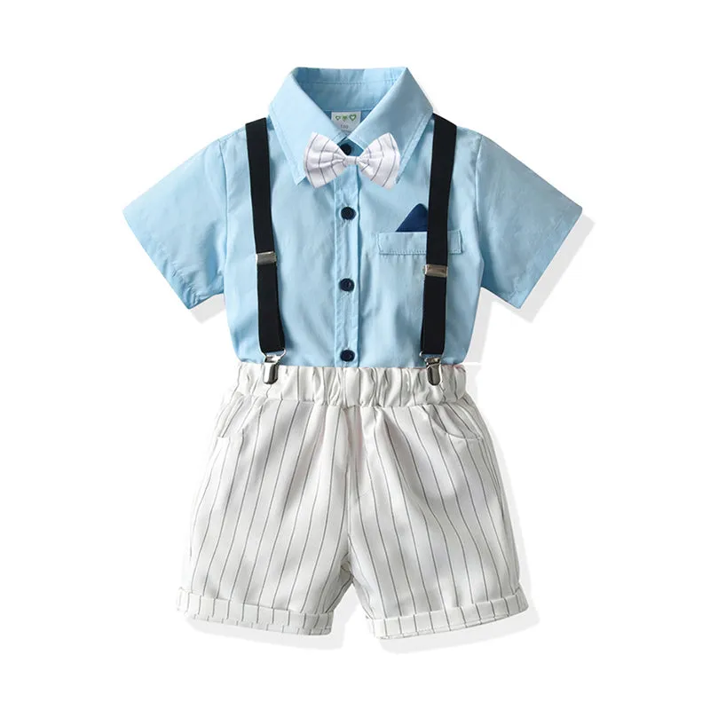 2 Pieces Set Baby Kid Boys Dressy Solid Color Shirts And Striped Rompers Wholesale 211109126