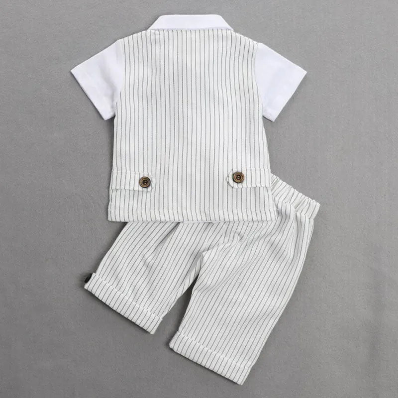 2 Pieces Set Baby Kid Boys Dressy Striped Bow Shirts And Pants Suits Wholesale 23011405