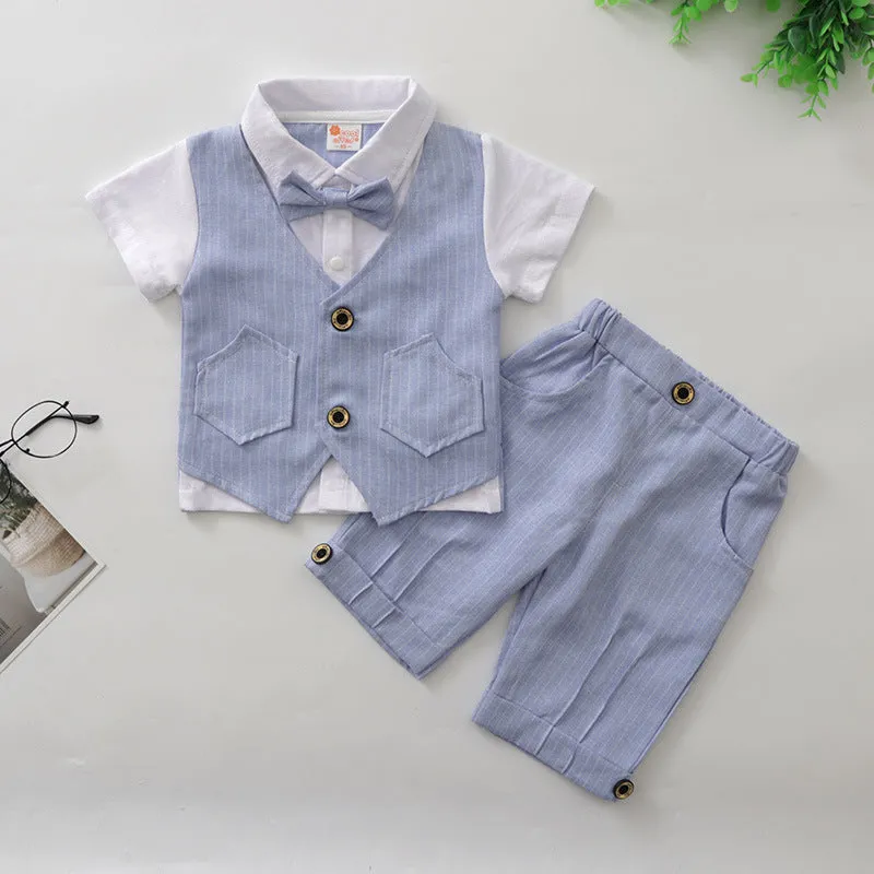 2 Pieces Set Baby Kid Boys Dressy Striped Bow Shirts And Pants Suits Wholesale 23011405