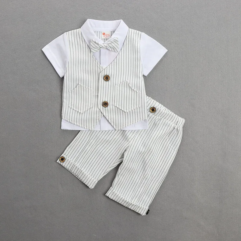 2 Pieces Set Baby Kid Boys Dressy Striped Bow Shirts And Pants Suits Wholesale 23011405
