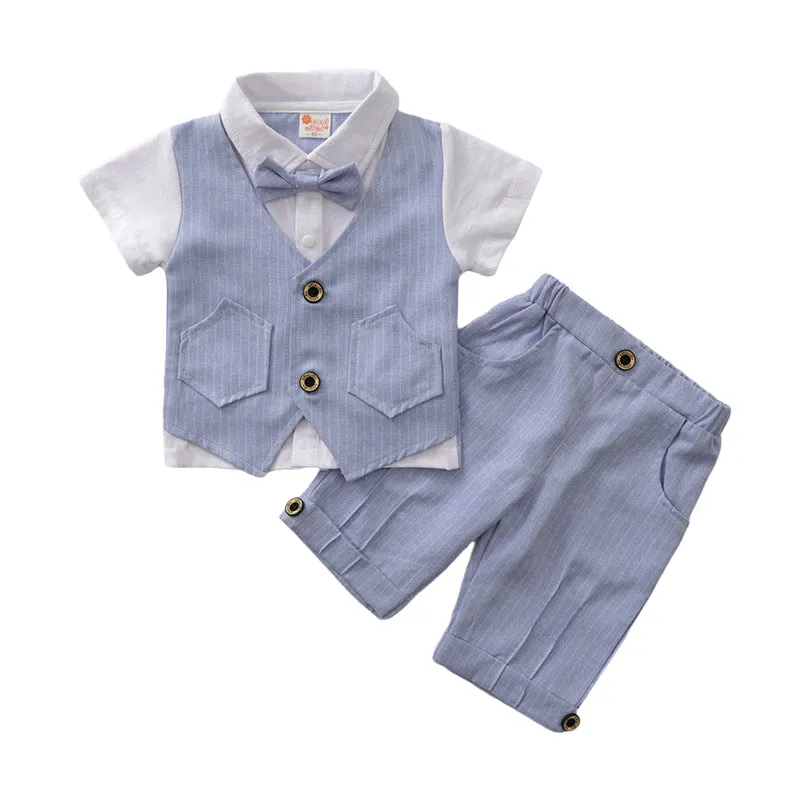 2 Pieces Set Baby Kid Boys Dressy Striped Bow Shirts And Pants Suits Wholesale 23011405