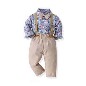2 Pieces Set Baby Kid Boys Flower Bow Print Shirts And Solid Color Pants Suits Wholesale 220407246