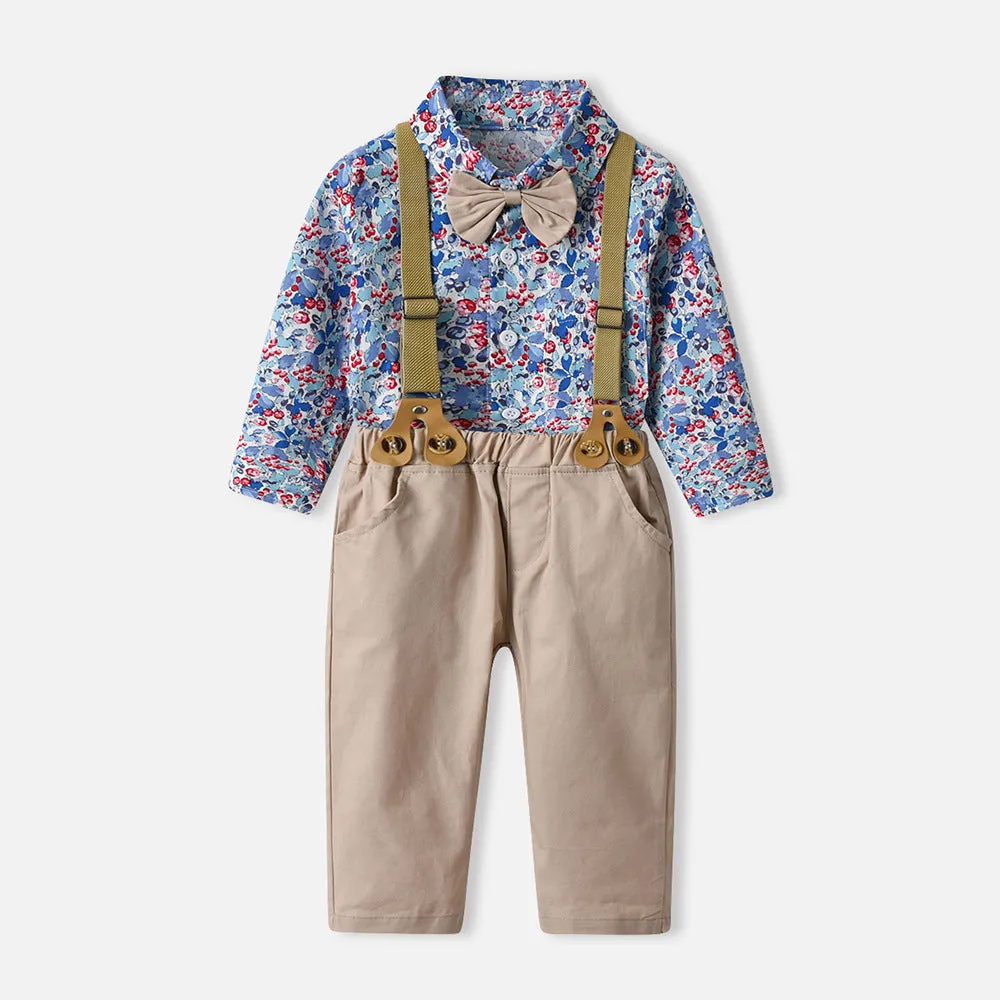 2 Pieces Set Baby Kid Boys Flower Bow Print Shirts And Solid Color Pants Suits Wholesale 220407246