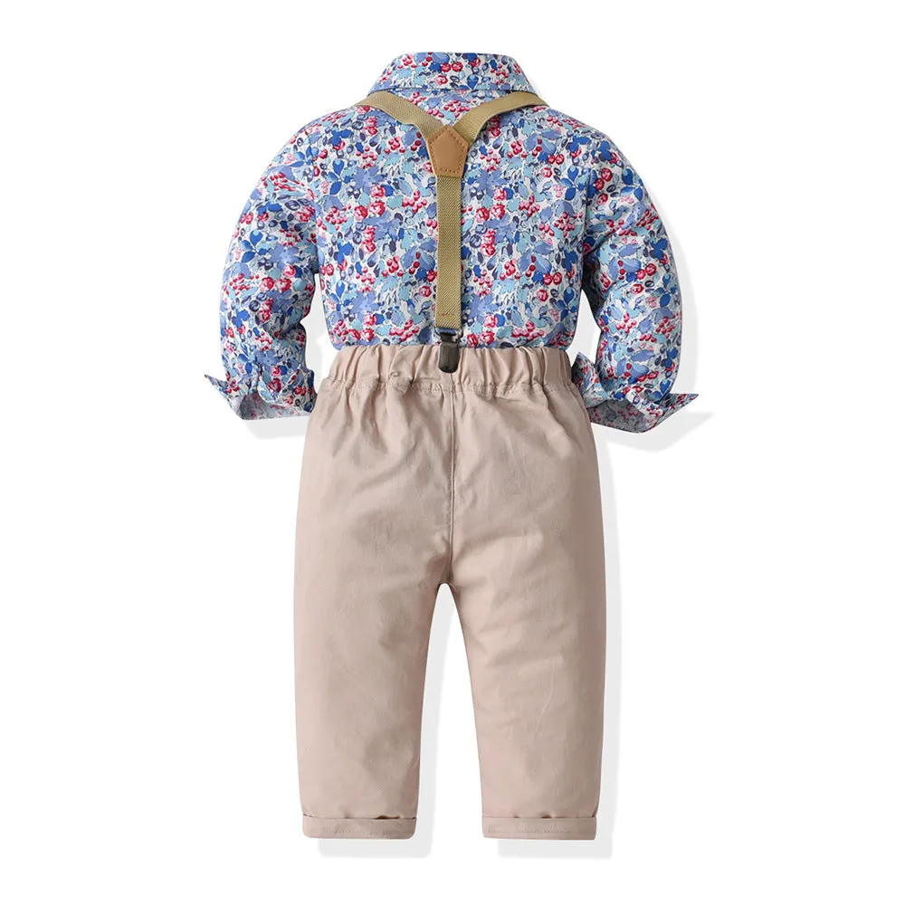2 Pieces Set Baby Kid Boys Flower Bow Print Shirts And Solid Color Pants Suits Wholesale 220407246