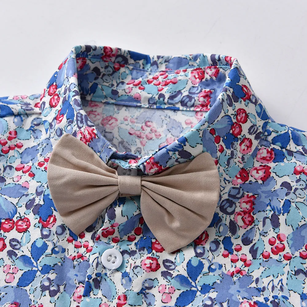 2 Pieces Set Baby Kid Boys Flower Bow Print Shirts And Solid Color Pants Suits Wholesale 220407246