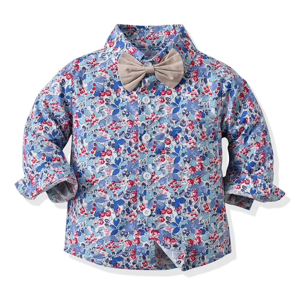 2 Pieces Set Baby Kid Boys Flower Bow Print Shirts And Solid Color Pants Suits Wholesale 220407246