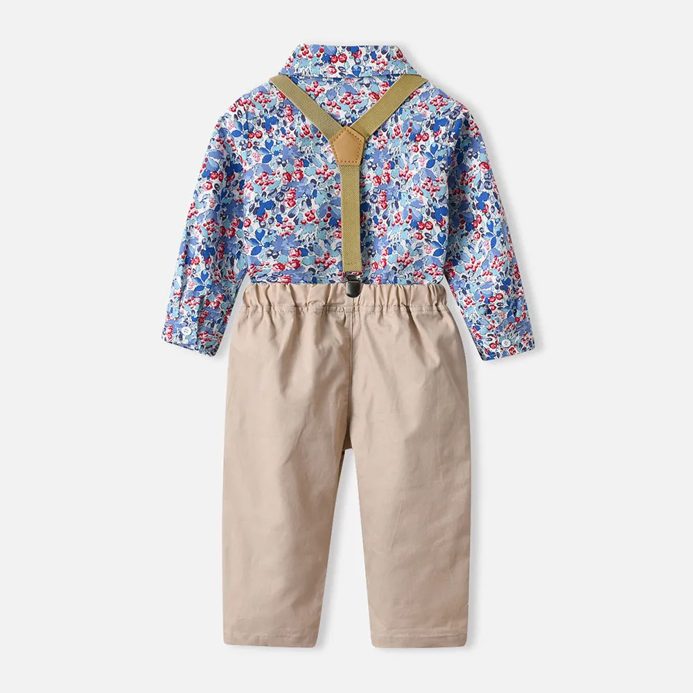 2 Pieces Set Baby Kid Boys Flower Bow Print Shirts And Solid Color Pants Suits Wholesale 220407246