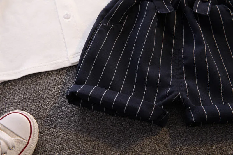 2 Pieces Set Baby Kid Boys Solid Color Bow Shirts And Striped Rompers Wholesale 23022474