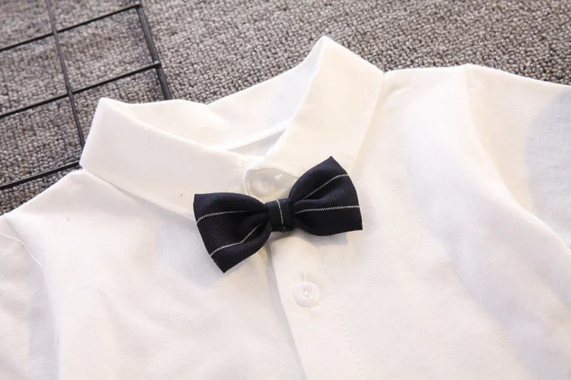 2 Pieces Set Baby Kid Boys Solid Color Bow Shirts And Striped Rompers Wholesale 23022474