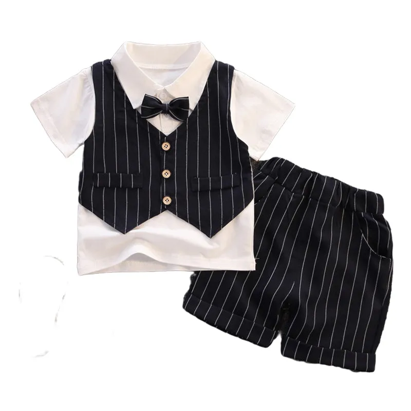 2 Pieces Set Baby Kid Boys Solid Color Bow Shirts And Striped Rompers Wholesale 23022474