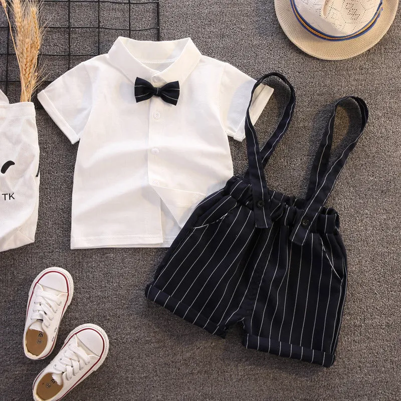 2 Pieces Set Baby Kid Boys Solid Color Bow Shirts And Striped Rompers Wholesale 23022474