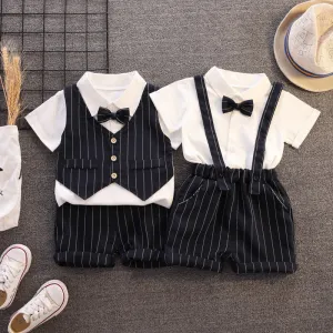 2 Pieces Set Baby Kid Boys Solid Color Bow Shirts And Striped Rompers Wholesale 23022474
