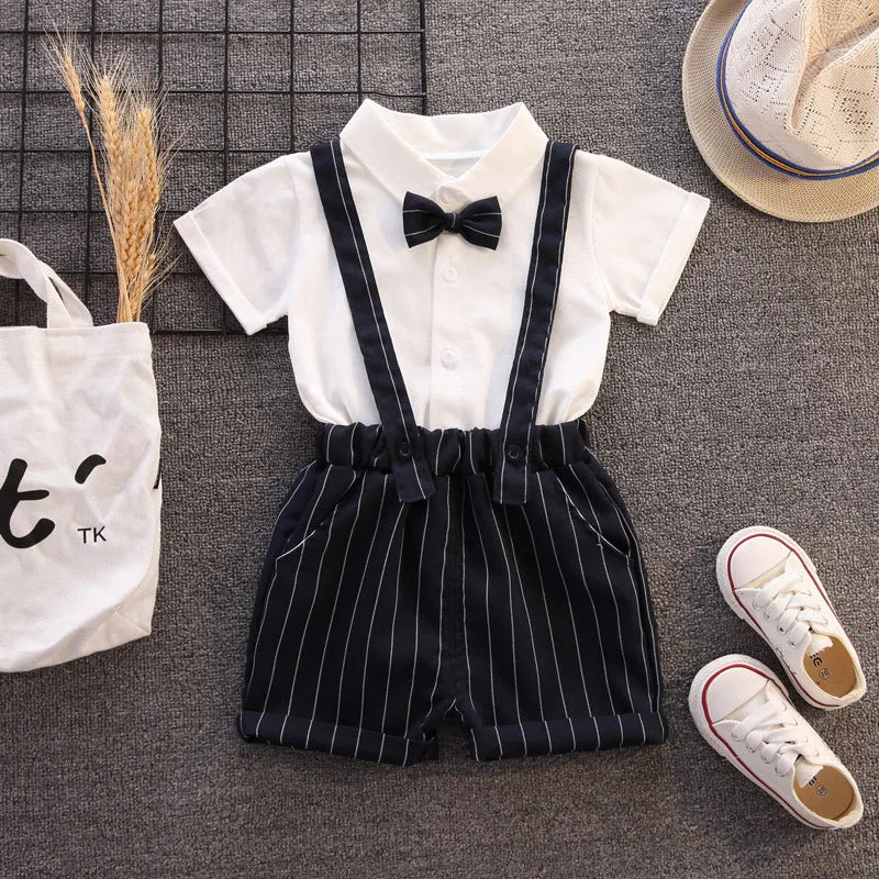 2 Pieces Set Baby Kid Boys Solid Color Bow Shirts And Striped Rompers Wholesale 23022474