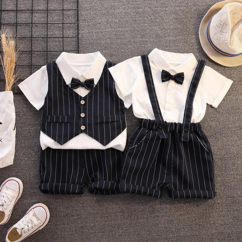 2 Pieces Set Baby Kid Boys Solid Color Bow Shirts And Striped Rompers Wholesale 23022474