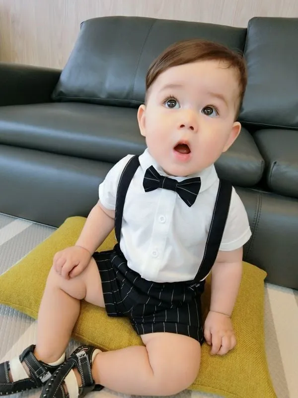 2 Pieces Set Baby Kid Boys Solid Color Bow Shirts And Striped Rompers Wholesale 23022474