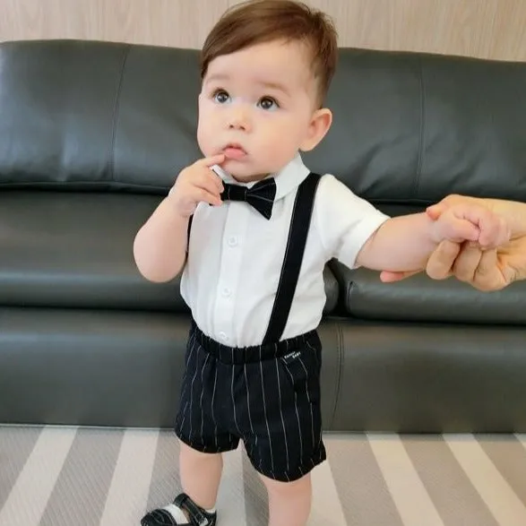 2 Pieces Set Baby Kid Boys Solid Color Bow Shirts And Striped Rompers Wholesale 23022474